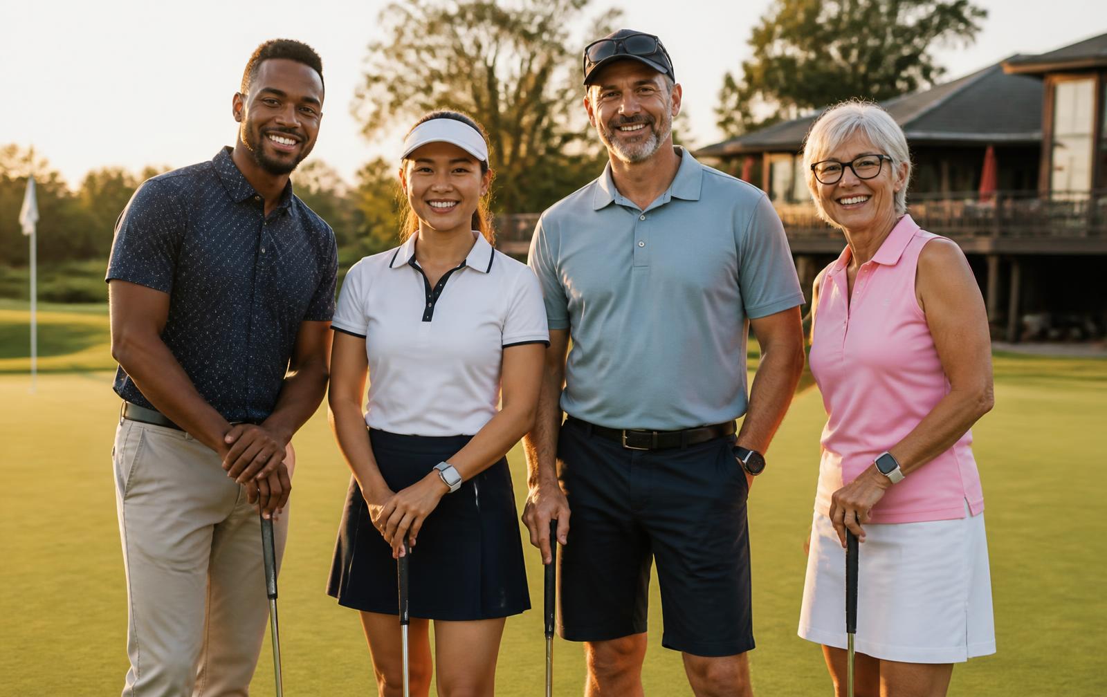 A diverse group of golfers of different ages together on the green
