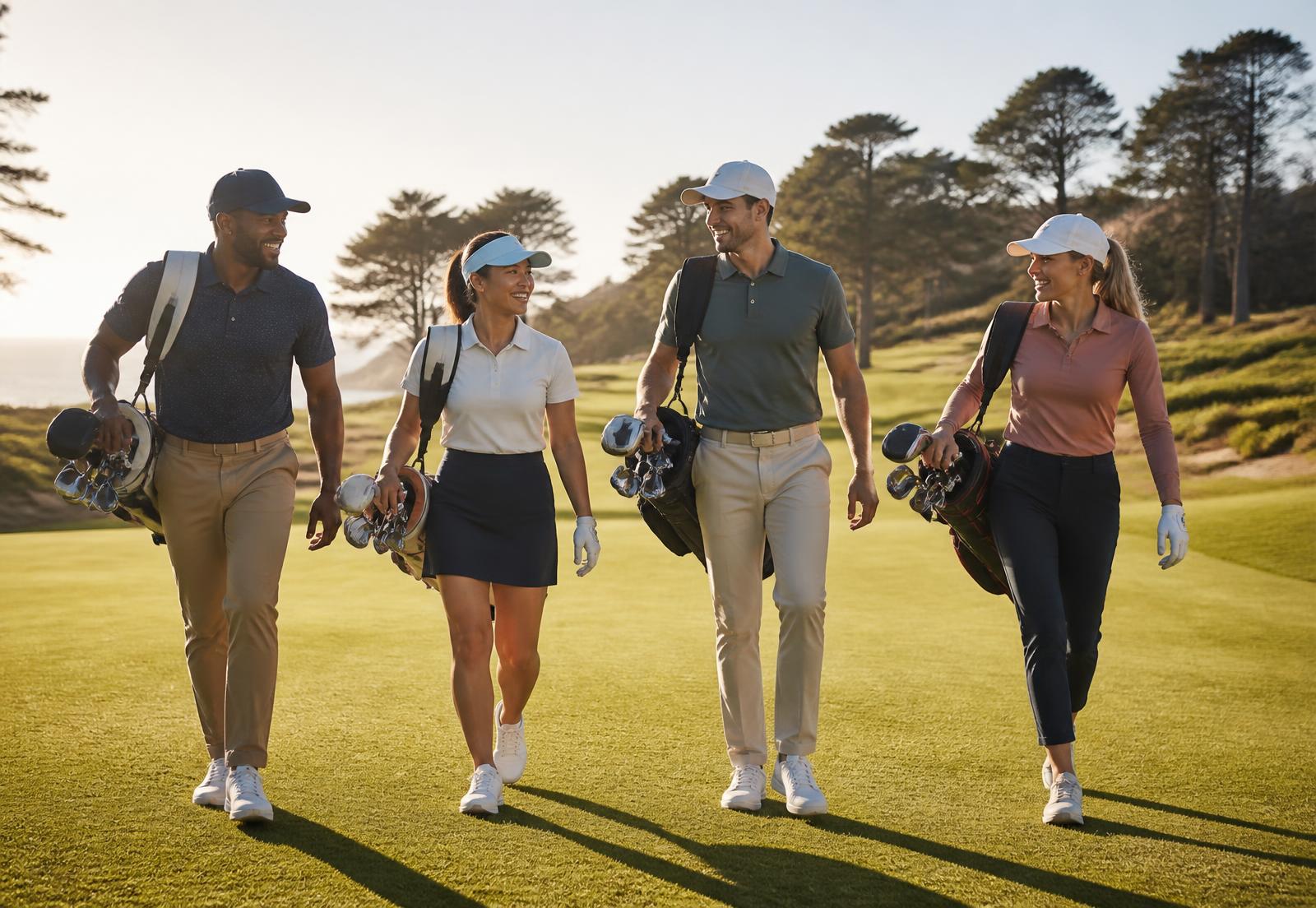 Four golfers walking a sunlit fairway together, laughing